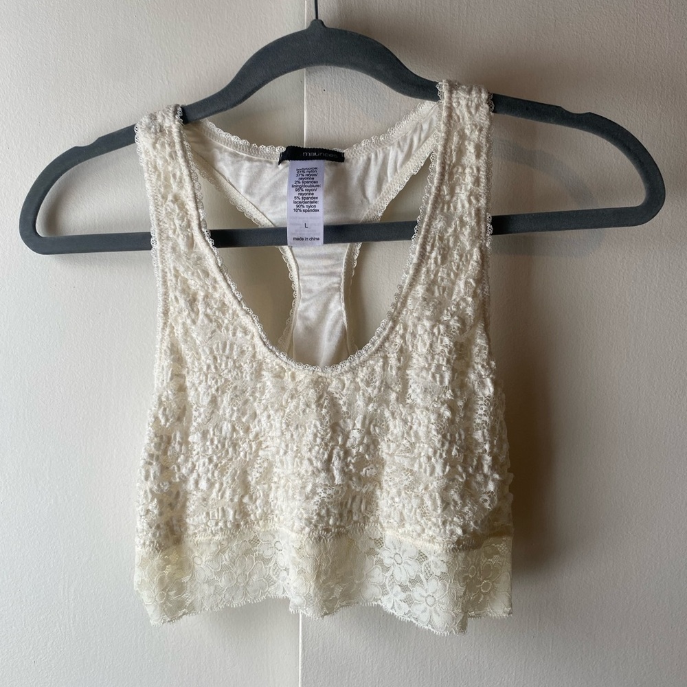 Maurices Cream Colored Large Bralette Sports Bra Lace Flowers Stretchy Racer